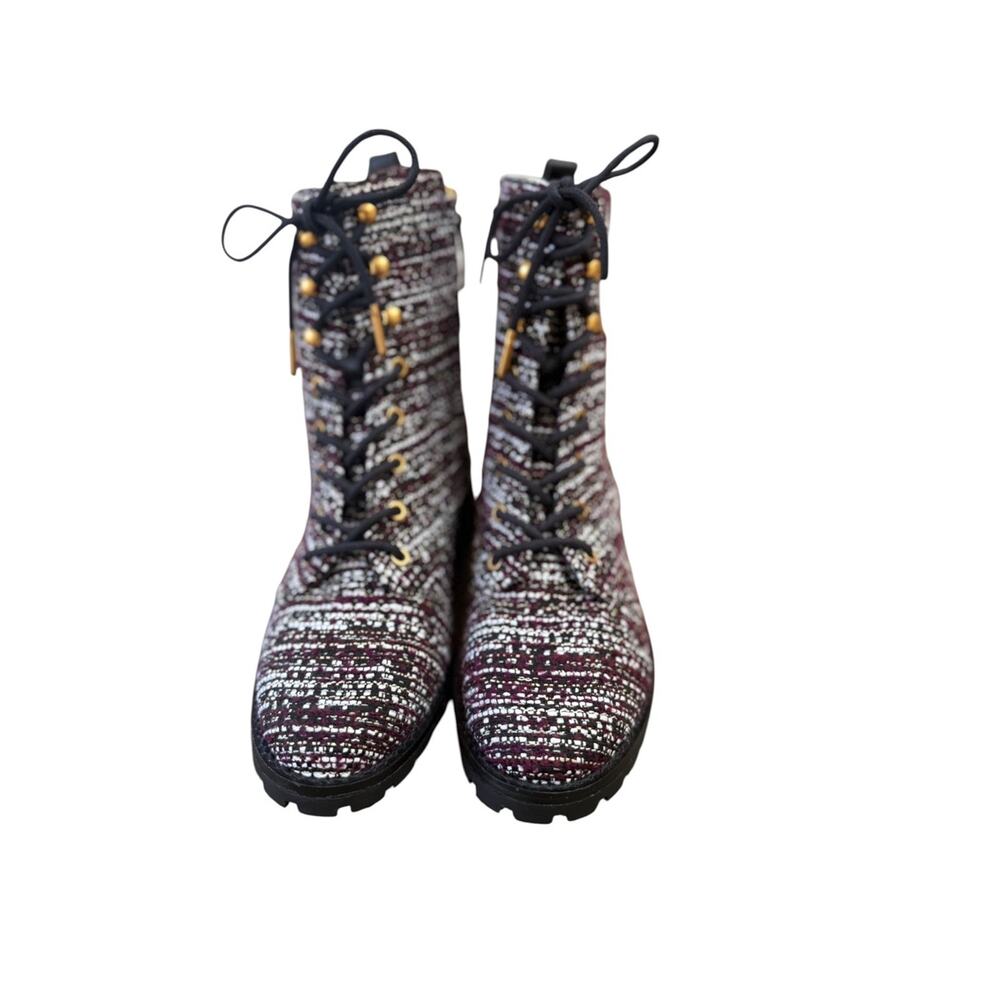 <<Tory Burch Miller Combat Lug Sole Tweed/Leather Booties Burgundy/White -8.5M - Picture 4 of 8